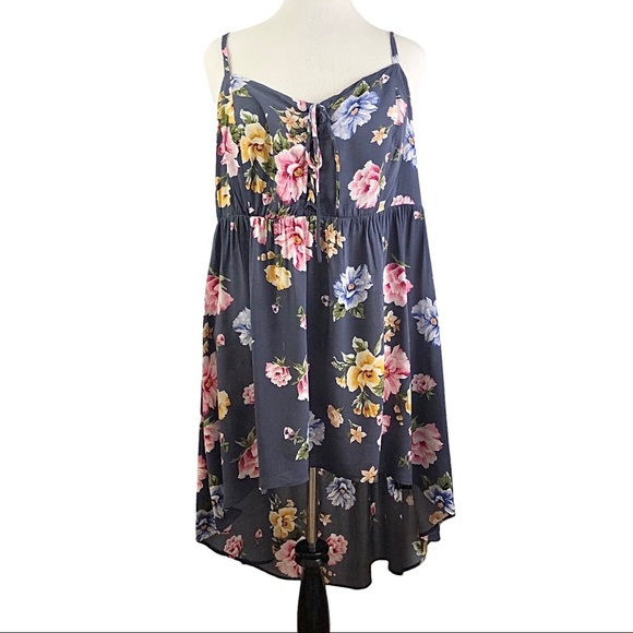 torrid Dresses & Skirts - TORRID Blue Pink Yellow Floral Smocked Sun DRESS 4 4X Tie Front Tank hi lo hem​